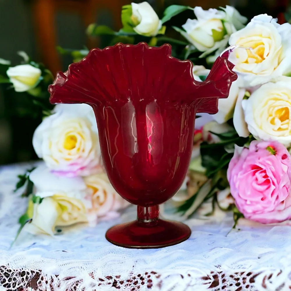 VTG Blenko #388 Ruby Red Art Glass Ruffled Pedestal Vase Mid Century Modern MCM